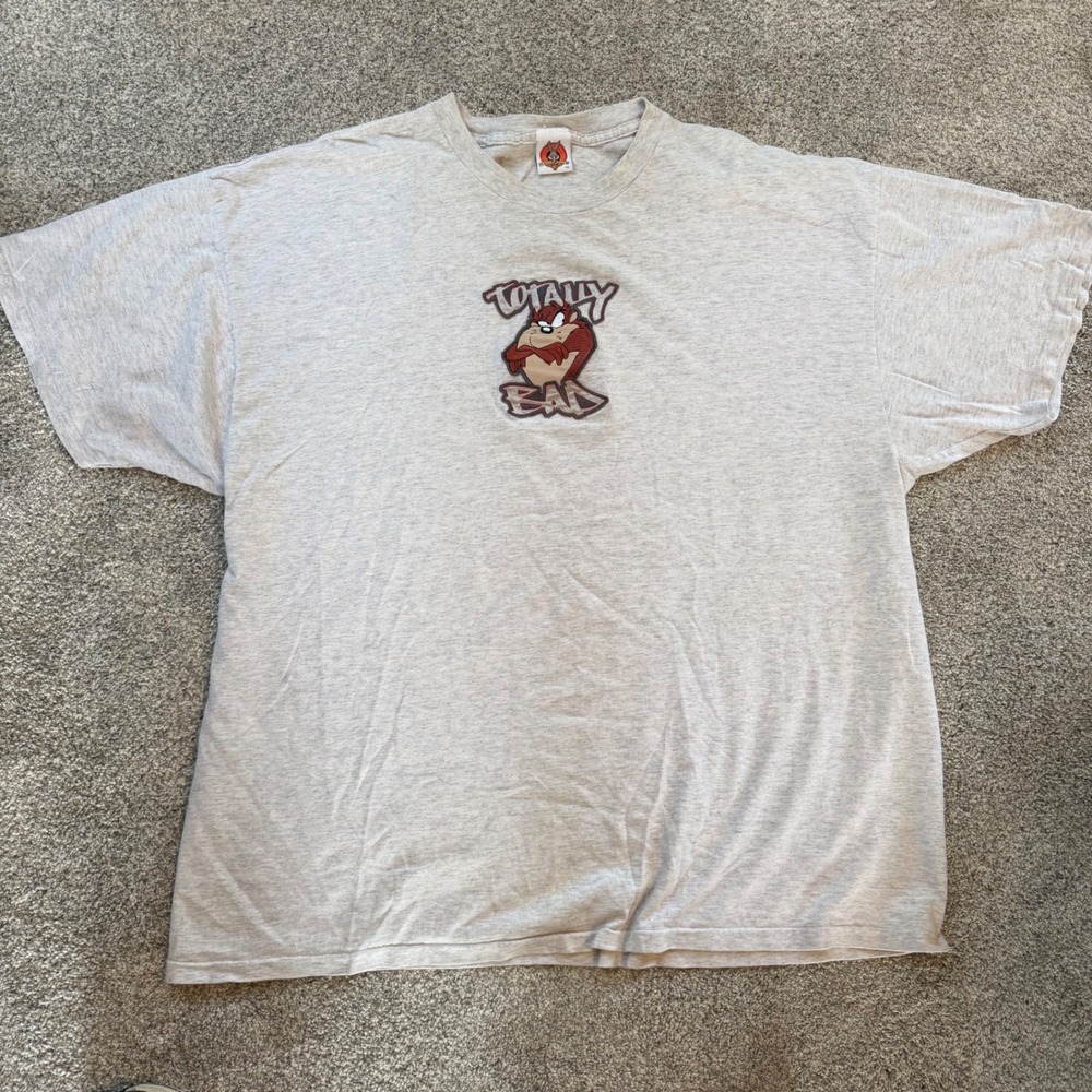 Vintage 1997 Looney Tunes Taz Totally Bad Embroidered Grey Graphic T-Shirt XL